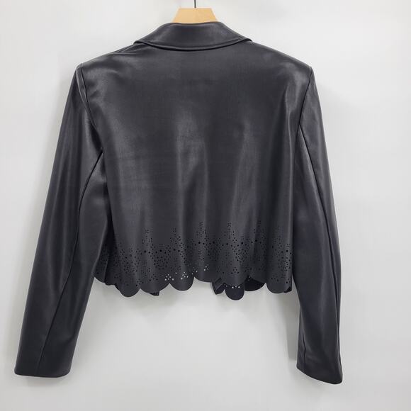 Inc M Black Cropped Leather Jacket Collared Long Sleeve Lasercut Open - Picture 8 of 8